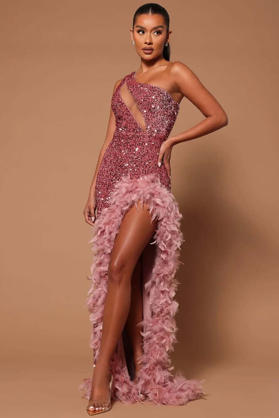 Fashion Nova Esme Sequin Feather Maxi Dress Size L Pink One-Shoulder